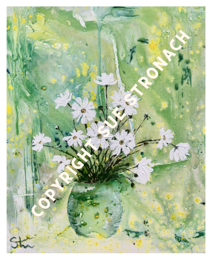 A Print of White Cosmos in Green Vase