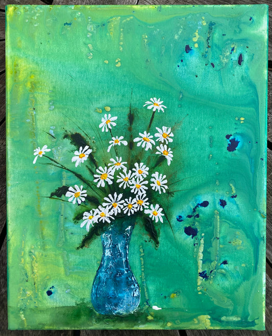 Blue Vase of Daises